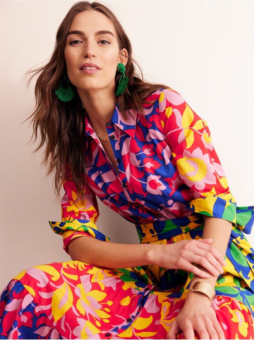 Boden Flo Cotton Midi Bright Floral Shirt Dress  - US 16/18 UK 20